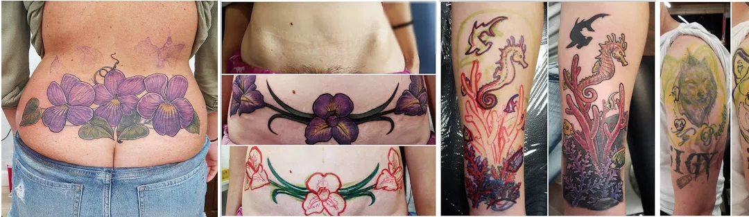 A collage of various tattoos on different body parts, including floral designs on backs and arms, dragons, and a flower wreath on an abdomen.