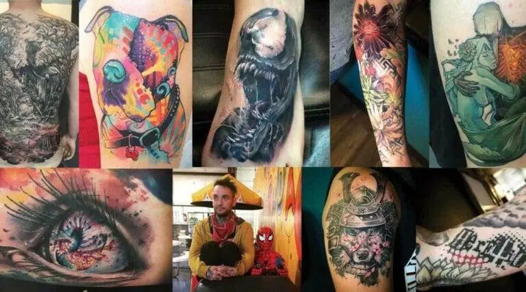 A collage of various tattoo designs on body parts. Designs include colorful and detailed illustrations such as a dog, eye, monster, floral patterns, armor, and script. A person with tattoos sits in the center.