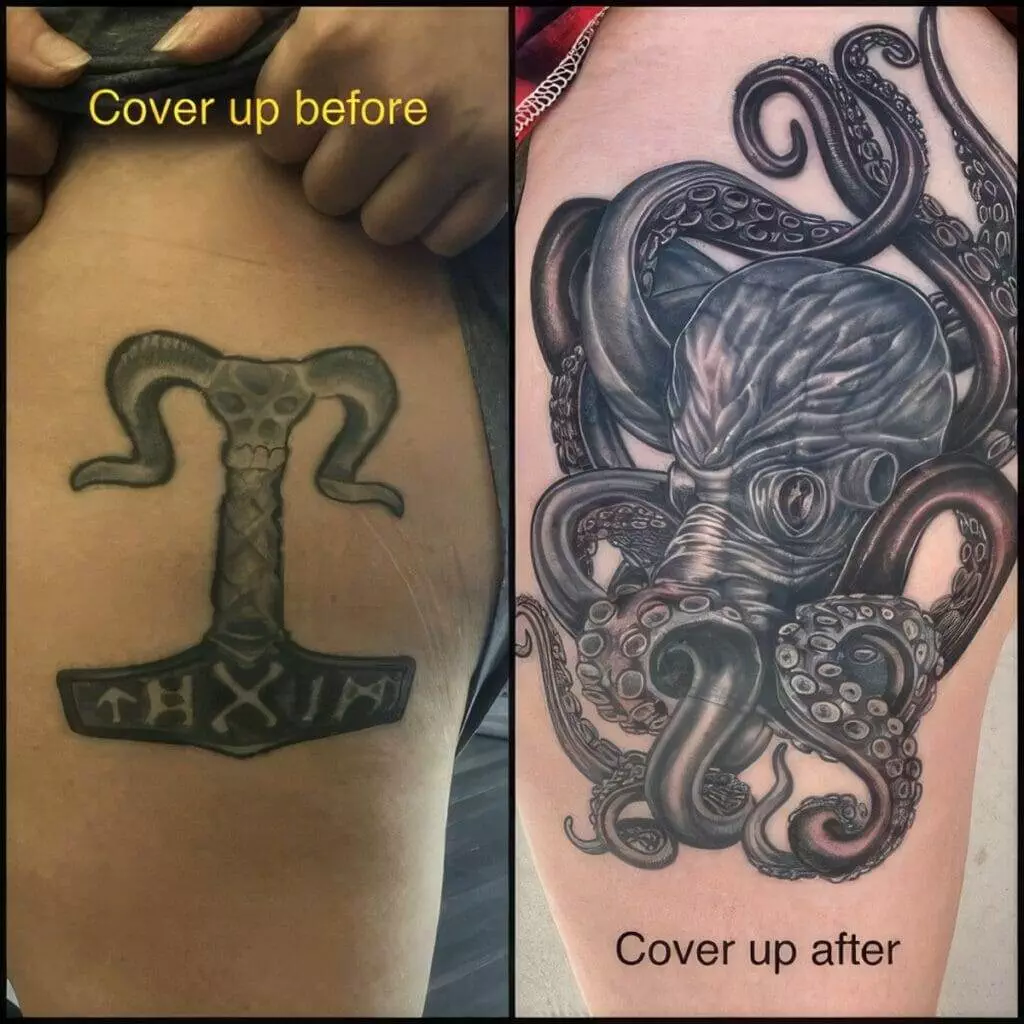 Image shows a side-by-side comparison of tattoos on a person's thigh. The left is a Thor's hammer tattoo marked 