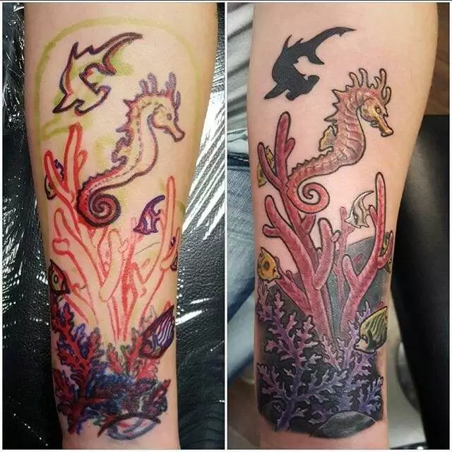 Before and after images of a forearm tattoo featuring a seahorse amidst coral and various fish. The right image shows the completed detailed and colored tattoo, while the left shows the initial outline.