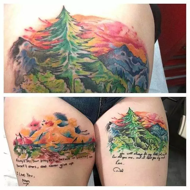 Two images showing a colorful tattoo of a woodland scene with a tree and hills. The tattoo includes handwritten text that reads, 