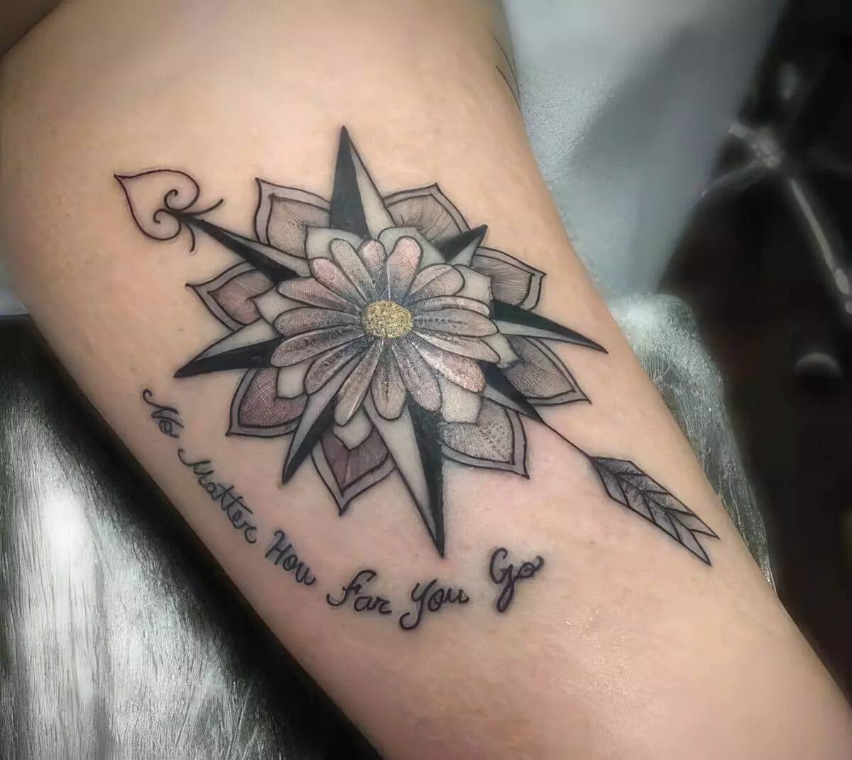 A tattoo featuring a compass with a flower in the center, an arrow, and cursive text reading 