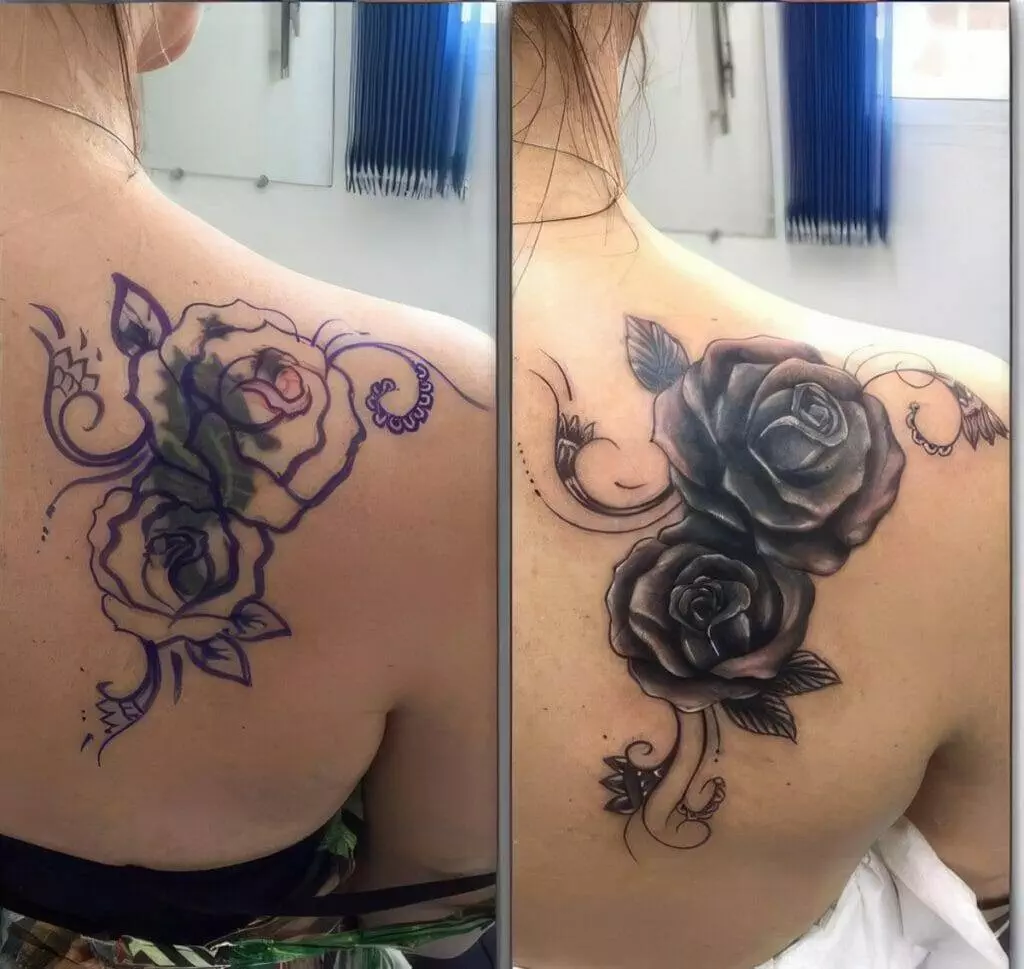 Before and after images of a tattoo cover-up on a woman's back. The original tattoo has two outlined roses, and the cover-up replaces them with two shaded black roses.