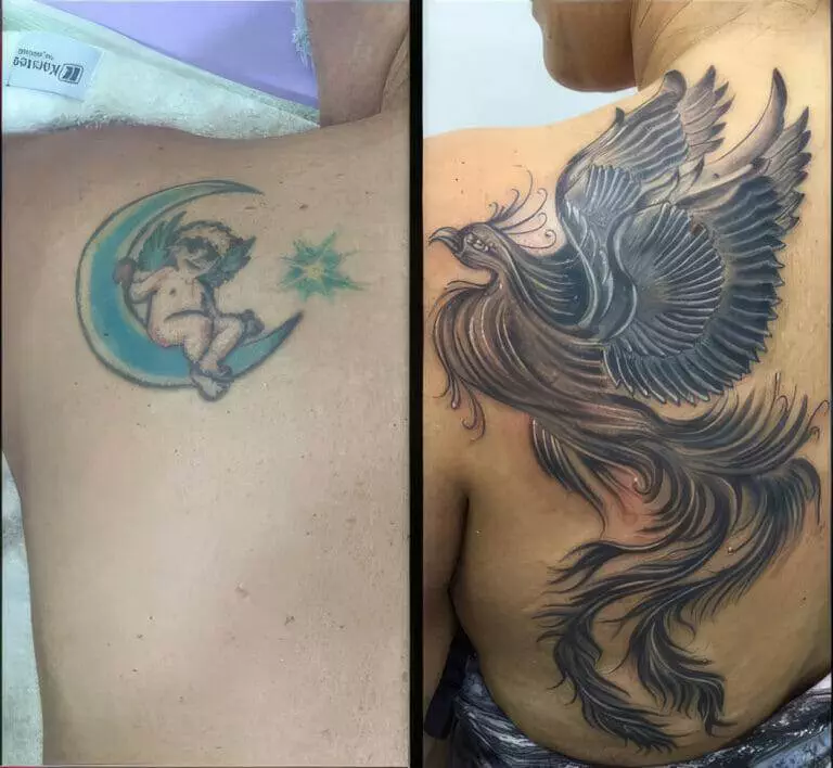 Before and after images of a tattoo transformation on a person's back, changing from a small cherub on a crescent moon to a large, detailed phoenix.