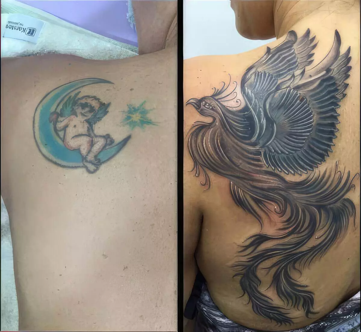 Before and after images of a tattoo transformation on a person's back, changing from a small cherub on a crescent moon to a large, detailed phoenix.