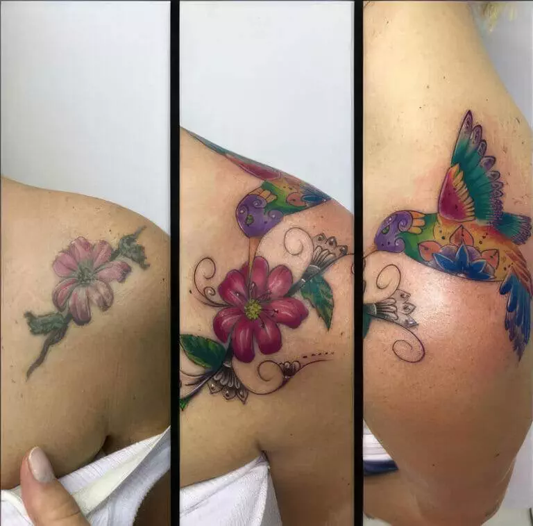 A three-panel image shows the progression of a shoulder tattoo from an old faded flower to a new colorful design featuring a vibrant bird and flower.