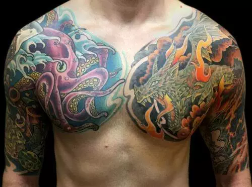 A person's chest featuring colorful tattoos of an octopus on the left and a dragon on the right, both extending onto the shoulders.