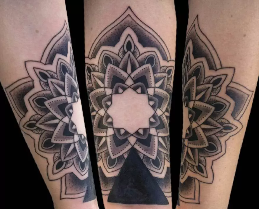 A close-up of an intricate lotus and geometric mandala tattoo on a forearm, shown from three different angles.