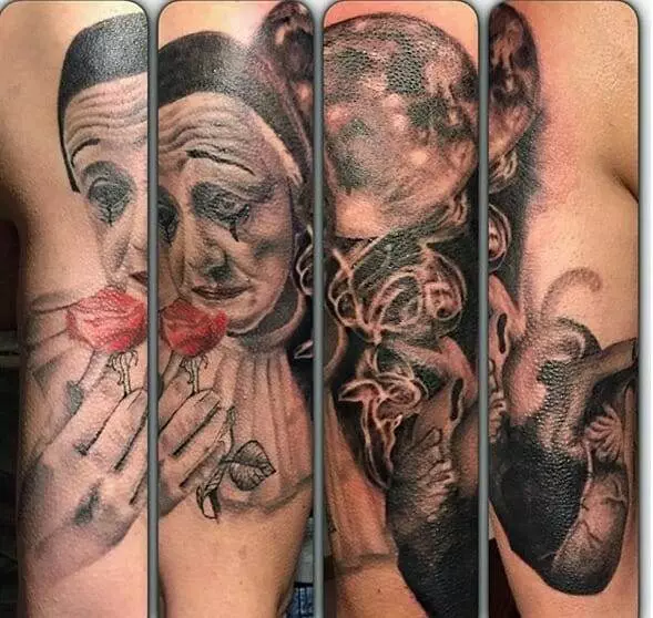 Four photos showing a detailed tattoo of a monochrome, theatrical face with red lips on an arm, evolving into a surreal, smoky, and abstract design towards the right.