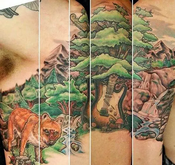 Upper-body tattoos featuring a fox, mountain landscape, electric guitar, and waterfall split into five vertical sections.