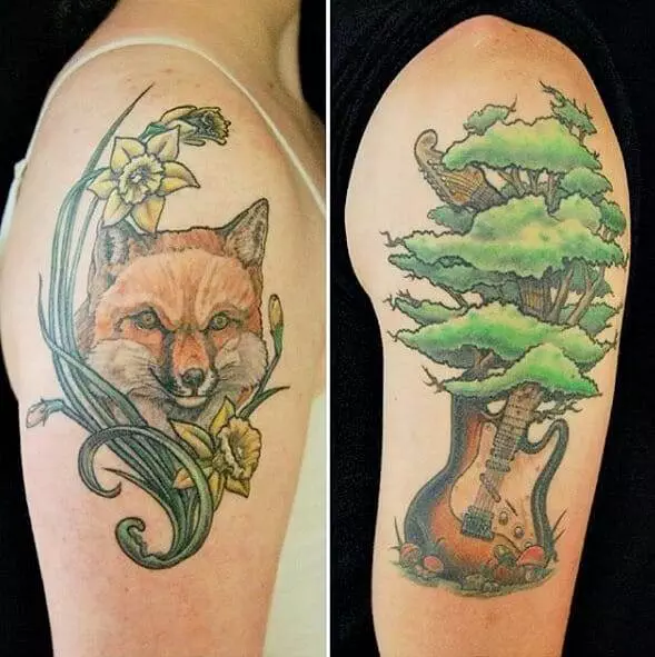 Two upper arm tattoos: the left features a fox and daffodils, and the right portrays an electric guitar integrated with a tree.