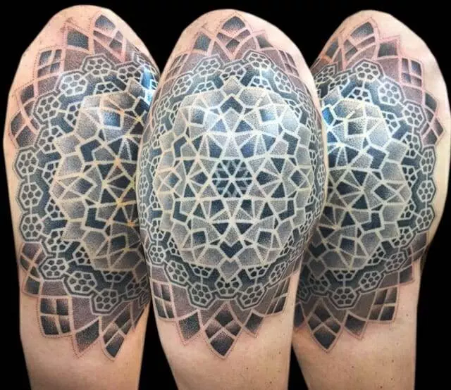 Three shoulders showcase an intricate geometric tattoo with dark and light shading, resembling a mandala pattern.