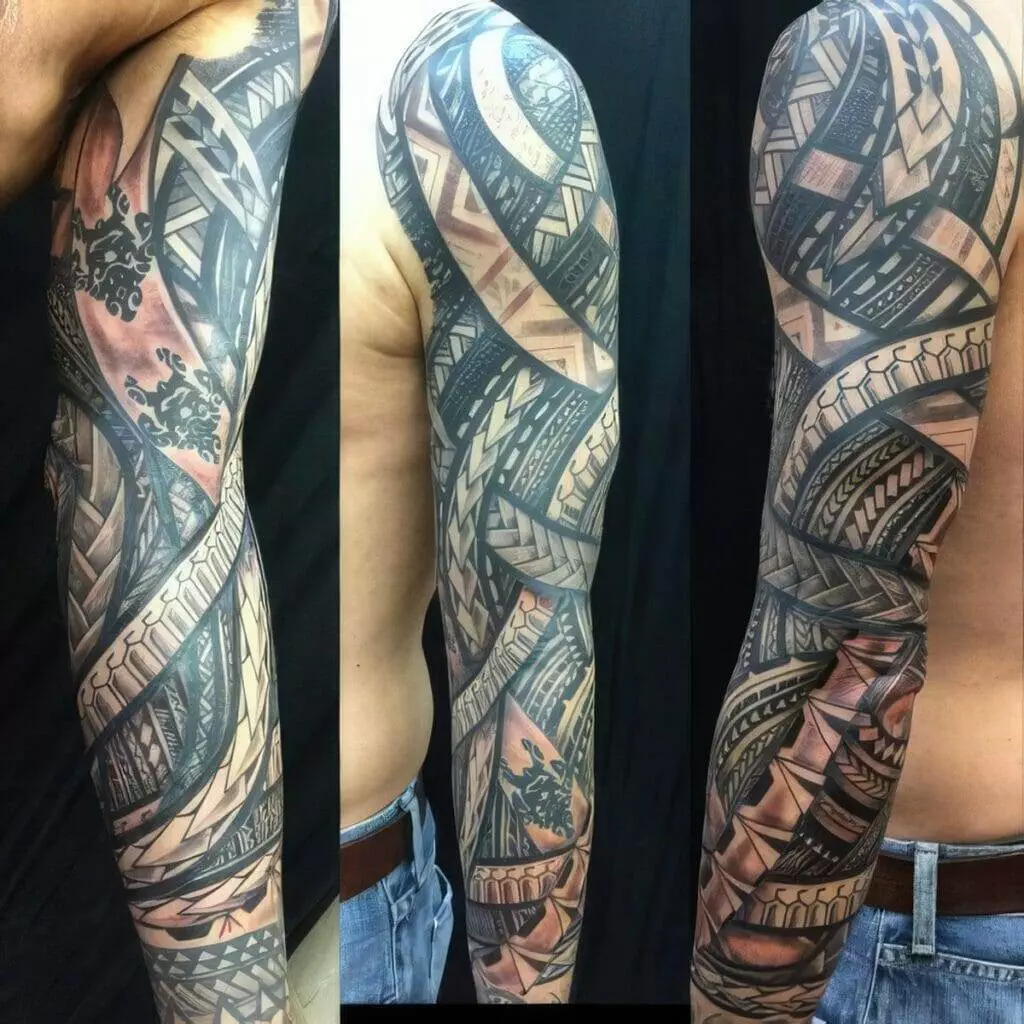 Three images show a person's arm covered in an intricate, tribal-style tattoo sleeve, featuring geometric patterns, curves, and lines. The arm is displayed from different angles.