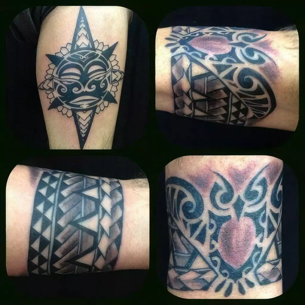 A collage of four Polynesian tribal tattoos featuring intricate geometric patterns and abstract symbols, displayed on different parts of the body.