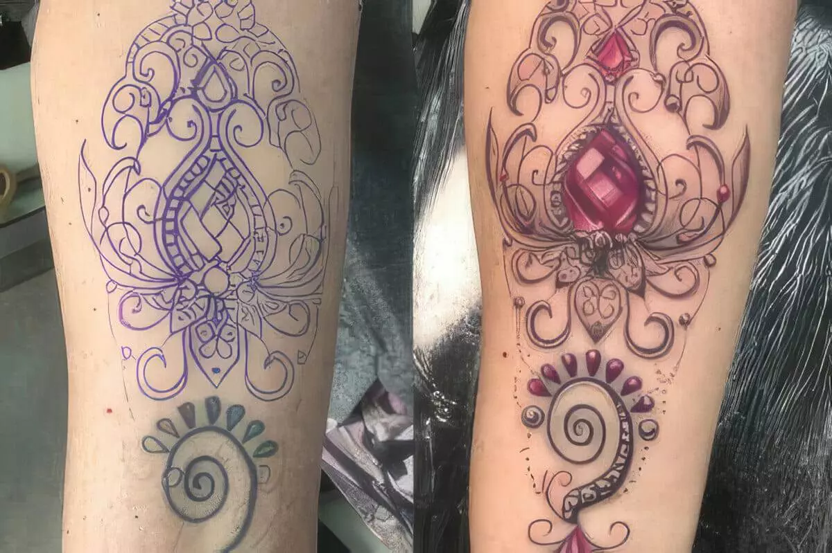 Side-by-side comparison of an arm tattoo before and after coloring. The design features intricate patterns, a pink gem-like structure at the center, and decorative elements in purple and blue hues.