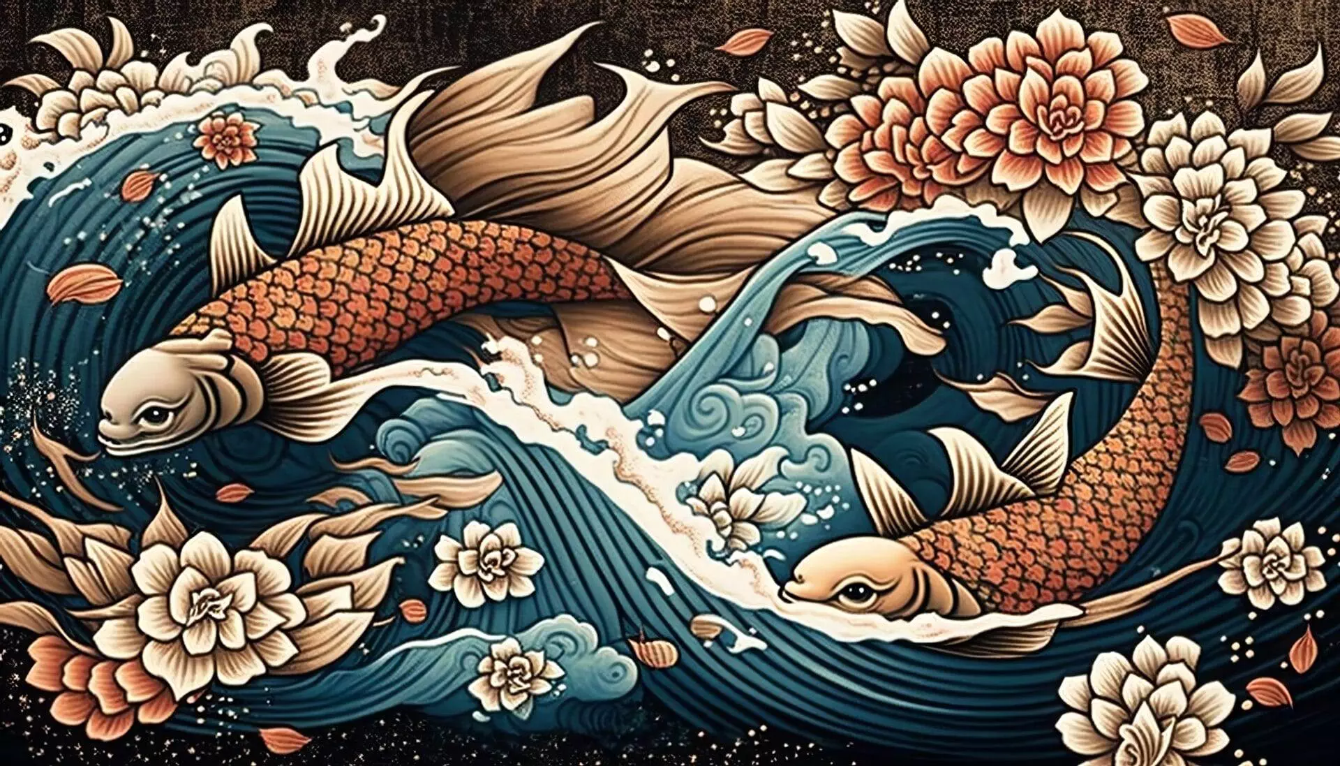 A stylized illustration of two koi fish swimming among waves and flowers. The fish have golden scales and are depicted with flowing tails and fins. The background features intricate floral designs.