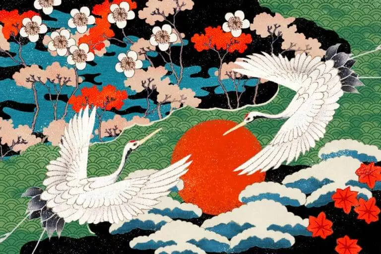 Traditional Japanese artwork depicts two cranes flying over a red sun, with vibrant cherry blossoms, green hills, and stylized clouds in the background.