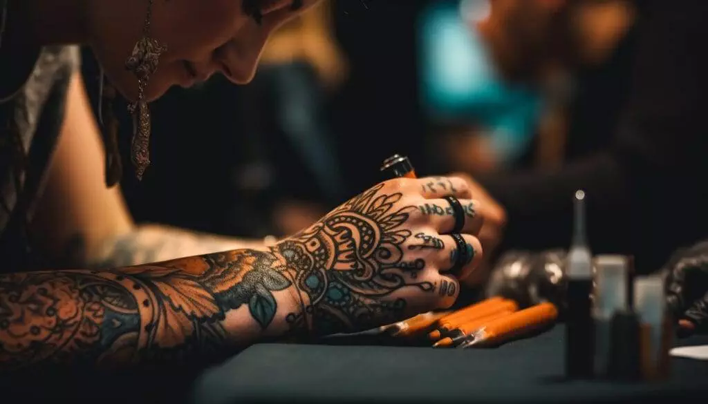 Person with numerous tattoos on their arm focused on creating a tattoo design at a workstation with various tools and ink bottles.