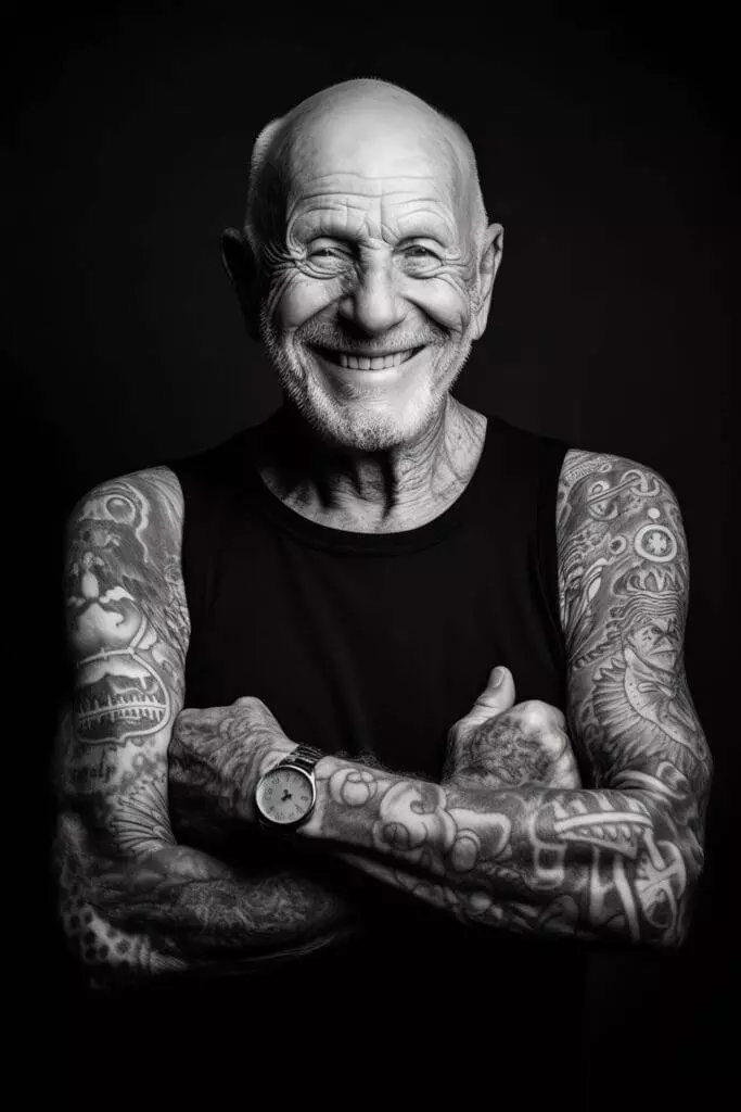 A smiling elderly man with a bald head and a full-sleeve tattoo on both arms, wearing a black sleeveless shirt and a wristwatch, stands with arms crossed against a dark background.