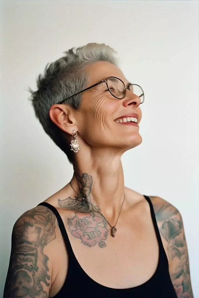 A smiling person with short gray hair, wearing glasses and a black tank top, showcasing extensive tattoos on their shoulder and neck.