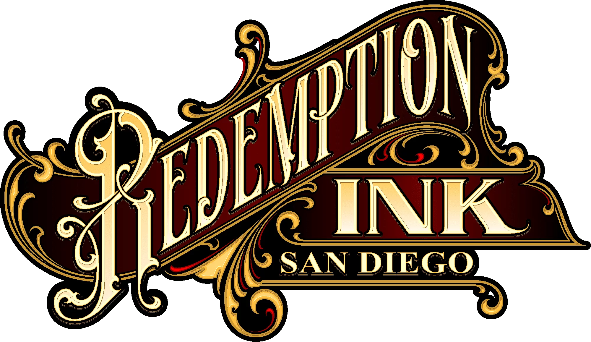 Logo of Redemption Ink San Diego featuring ornate text and decorative flourishes.