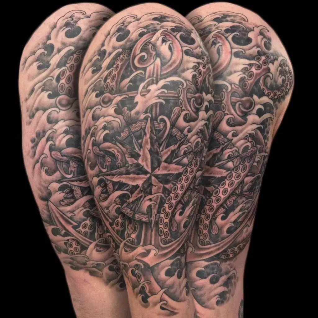 Tattooed legs featuring an intricate nautical design with a compass, ship anchors, ropes, and waves against a black background.