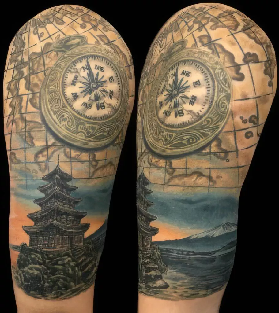 An arm tattoo featuring a compass over an old map, a traditional Asian pagoda on a rock, and a distant mountain under a sunset sky.