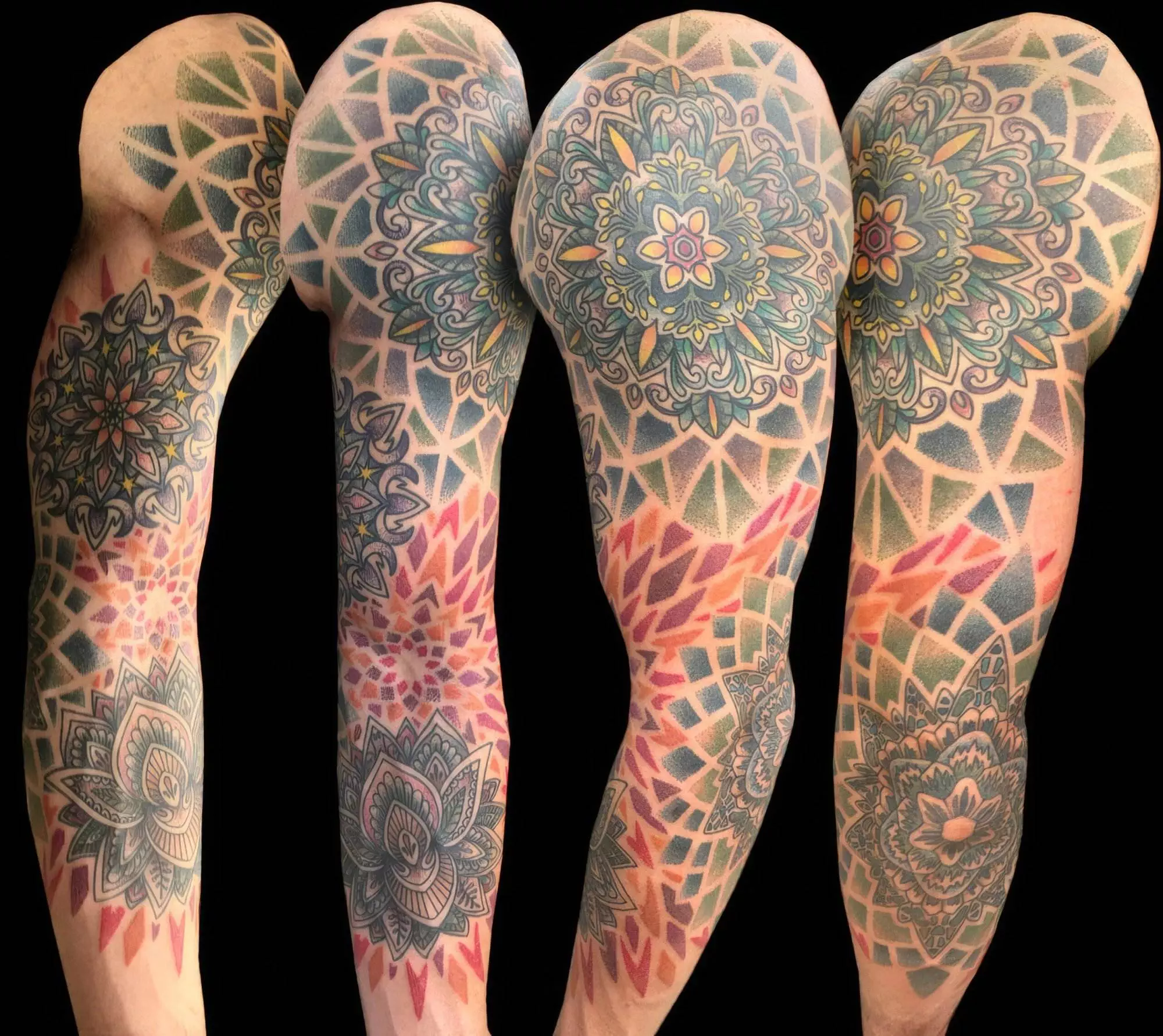 Four views of an arm with intricate, colorful mandala tattoos covering its entire surface against a black background.