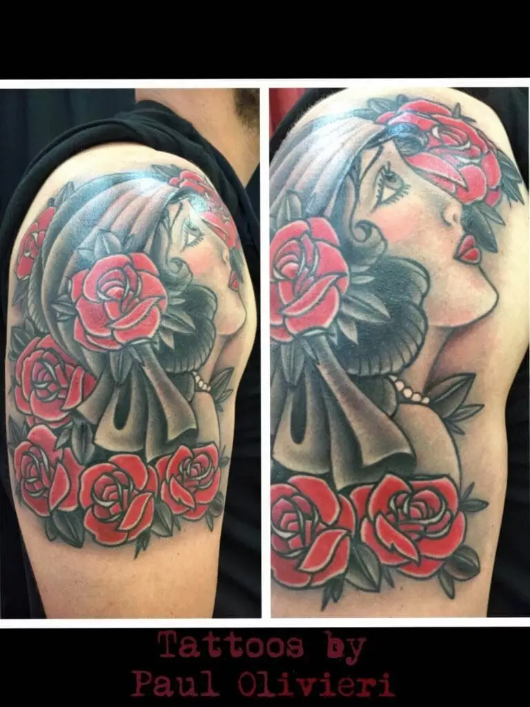 A two-panel image shows a detailed upper arm tattoo of a woman with a flower in her hair surrounded by red roses. Text reads, 