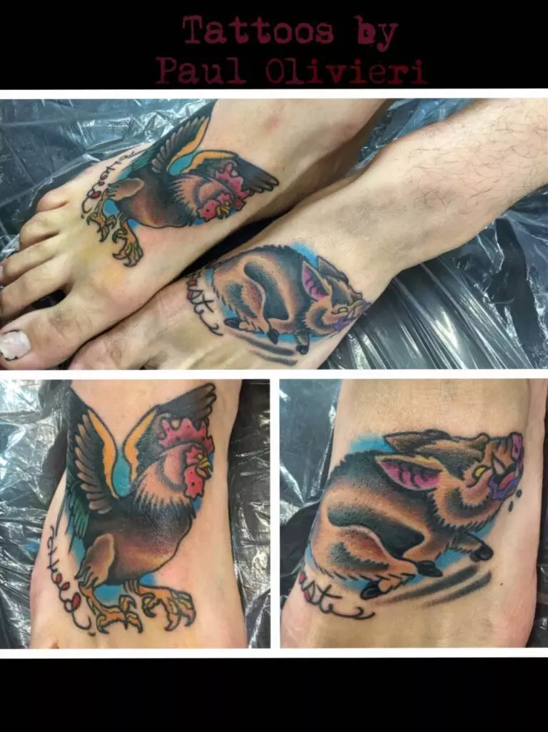 Collage of three images showcasing colorful tattoos of a rooster on a right foot and a pig on a left foot, done by Paul Olivieri.