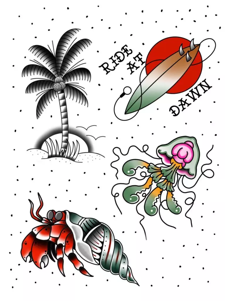 A tropical tattoo flash sheet featuring a palm tree, surfboard with 