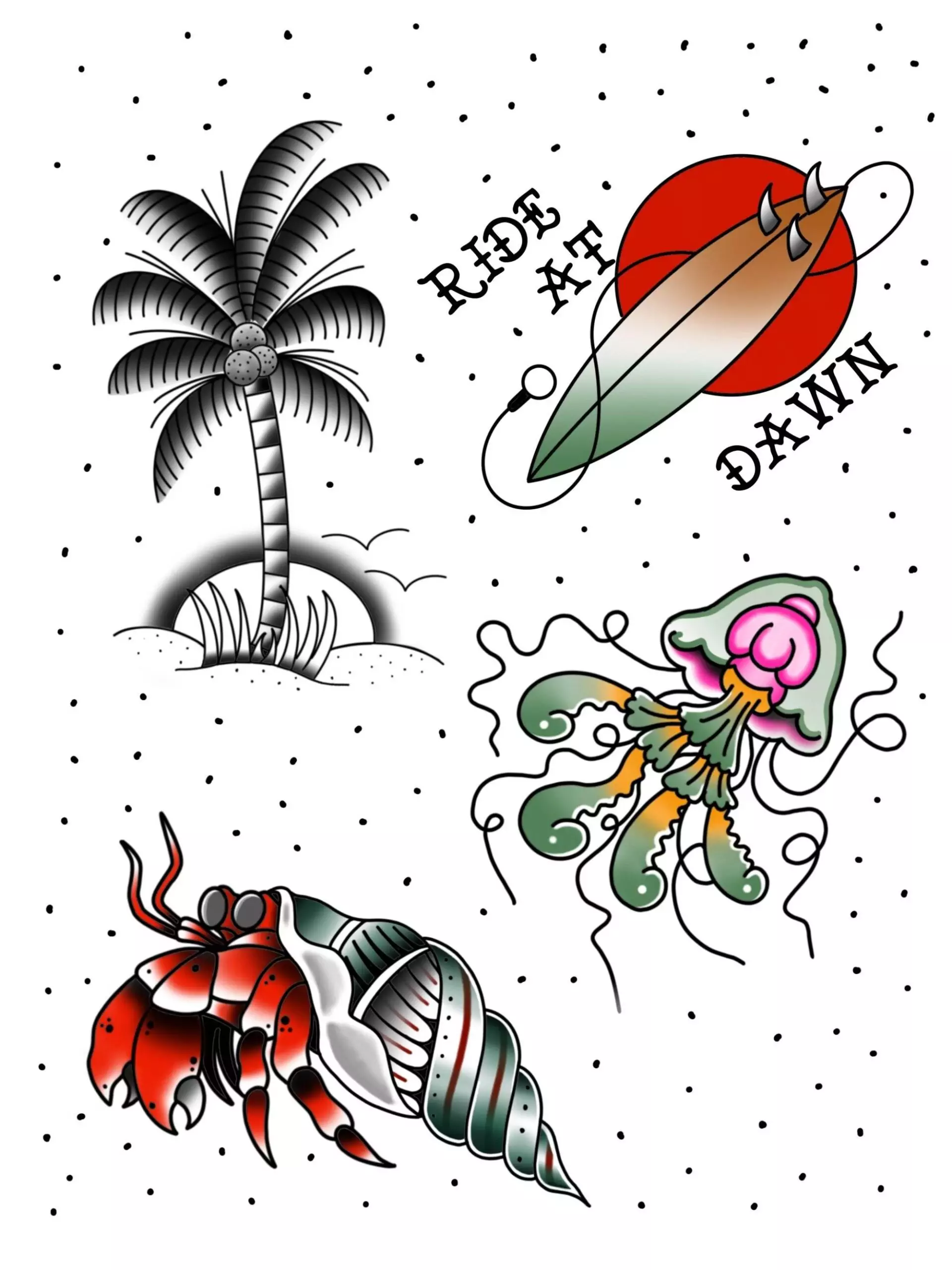 A tropical tattoo flash sheet featuring a palm tree, surfboard with 