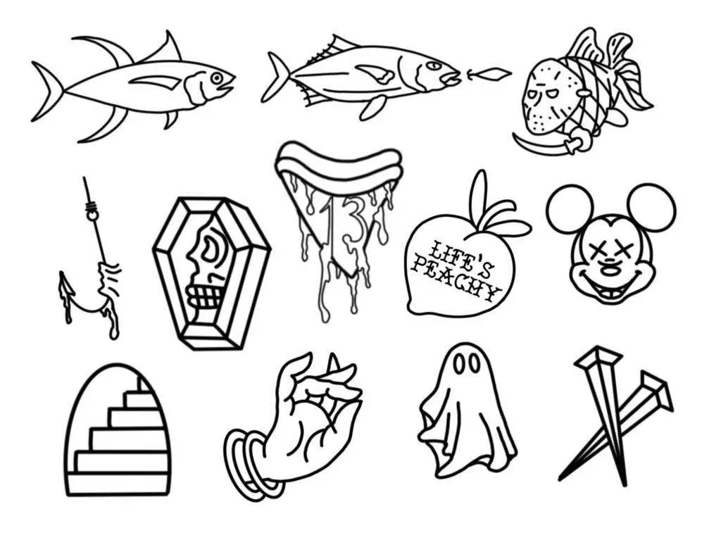 Black and white line drawings of various objects and figures including fish, an apple with 