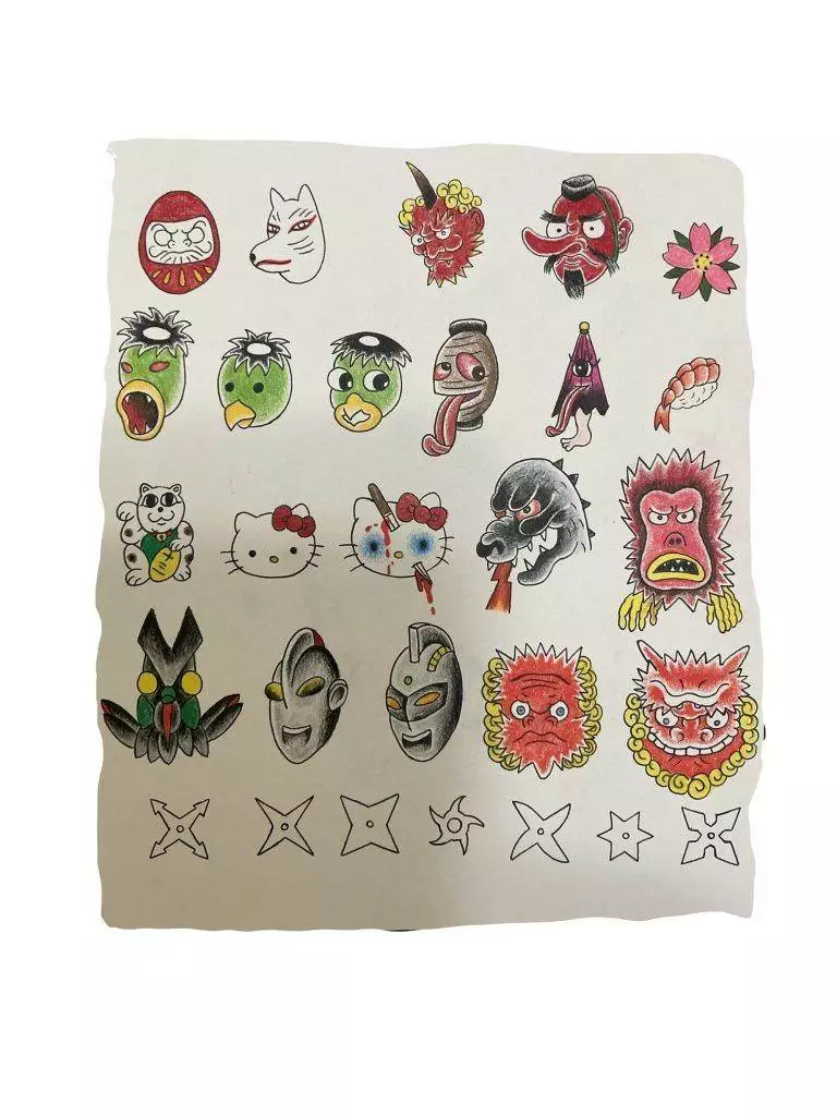 A variety of colorful, illustrated masks and characters, including Japanese daruma, fox mask, Hello Kitty, and ninja stars (shuriken), arranged in rows on a white background.