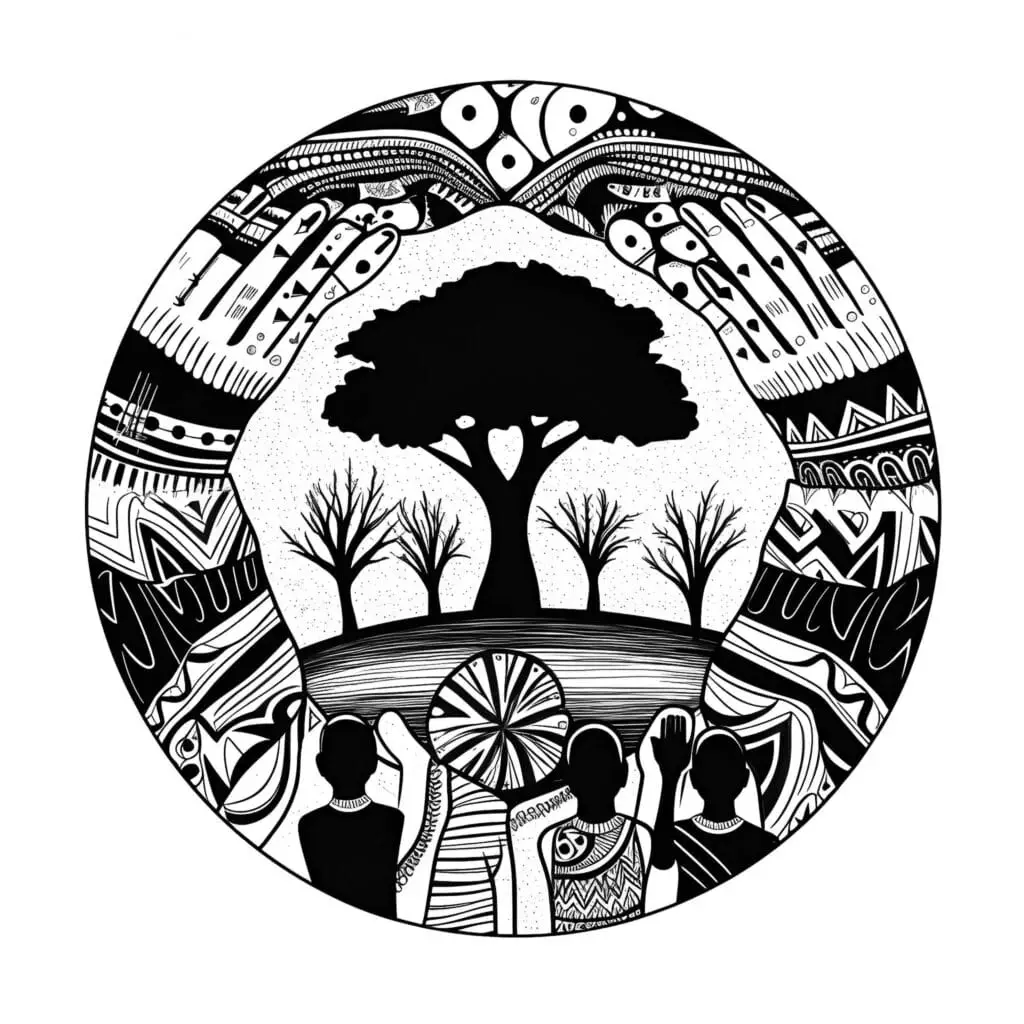 Black and white illustration featuring four figures with raised arms around a central tree with a heart-shaped detail. Surrounding patterns include abstract designs and smaller trees.