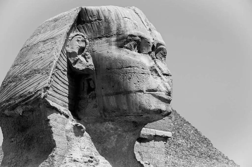 Grayscale Photo of the Great Sphinx of Giza